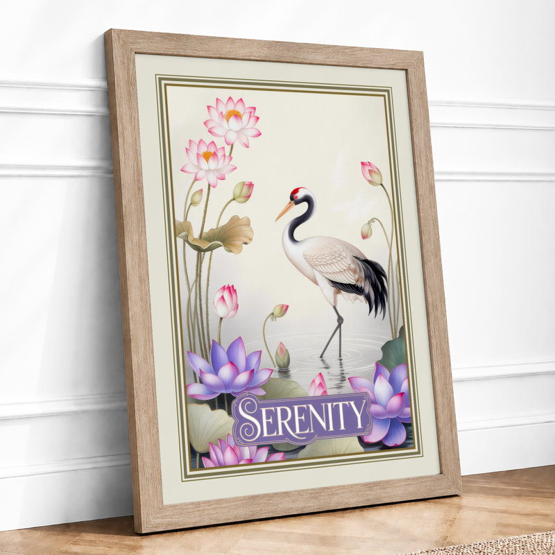 Crane in Serenity Japandi - Framed Print, A2 - 59.4 x 42.0 cm, Oak