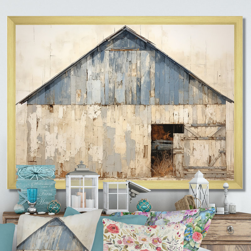 Beige et bleu grange - art mural de grange, H 30 po x l 40 po x P 1,5 po, Cadre doré