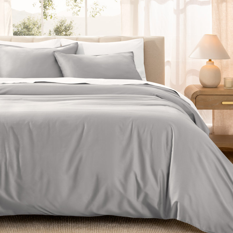400 Thread Count Organic Cotton Sateen Duvet Cover Set, Light Gray, Twin/Twin XL Duvet Cover + 1 Standard Sham
