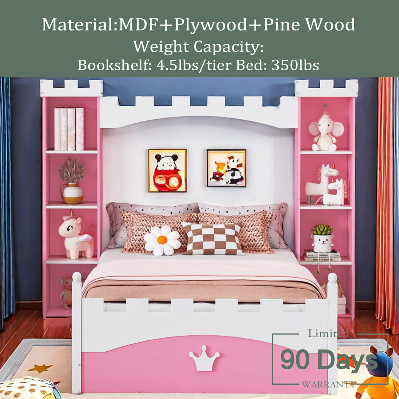 Lit en bois en forme de château avec tablette de rangement, lit plateforme simple Dreamy pour chambre d'enfant, rose et blanc