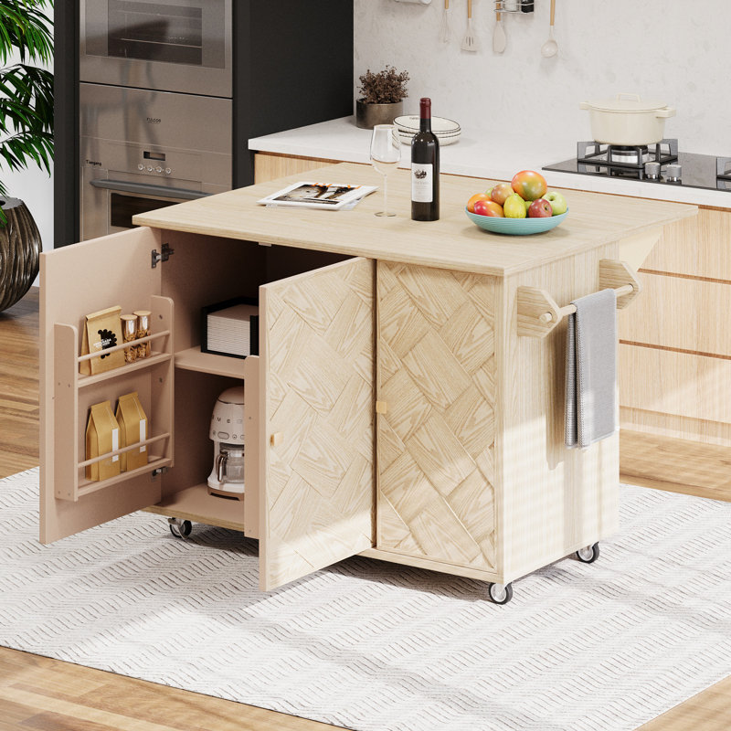 Îlot de cuisine en bois de frêne plaqué de frêne de 51,2 po de largeur (papier pas cher) avec abattant, îlot de cuisine sur roulettes avec support de rangement interne et chariot de cuisine