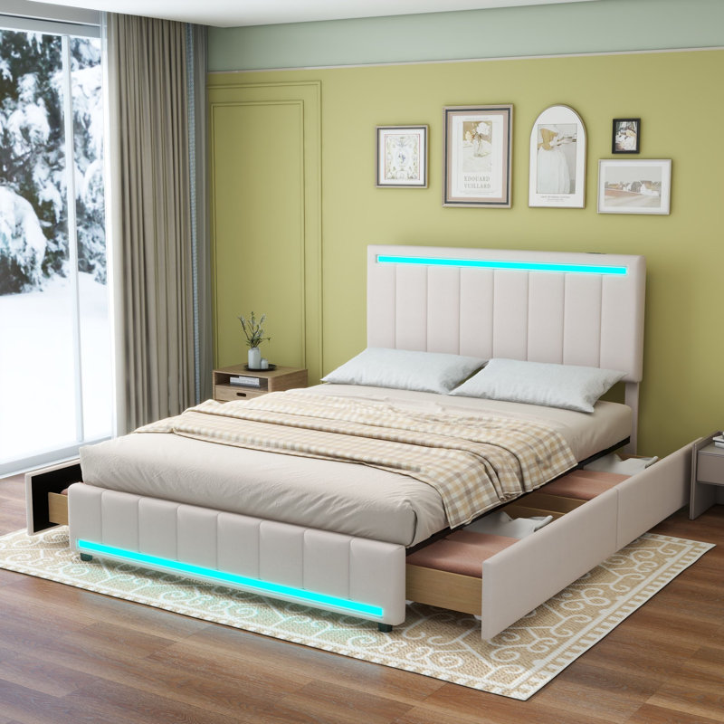 Lit plateforme tapissier avec rangement Huerfano, Double, Beige