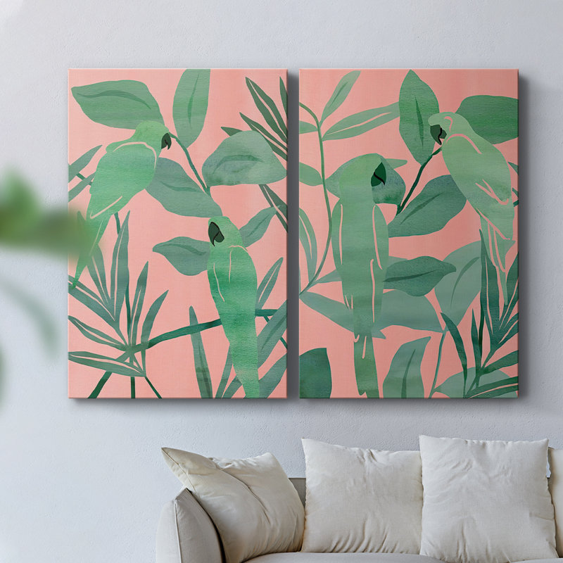 Oiseaux de paradis roses et verts - Toile tendue avec châssis de qualité supérieure - Prêt à être accroché, H 27 po x l 18 po