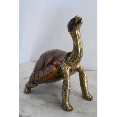 Bronze Tortoise Sculpture Amber Shell Gold Accents 12"x10"x16"H