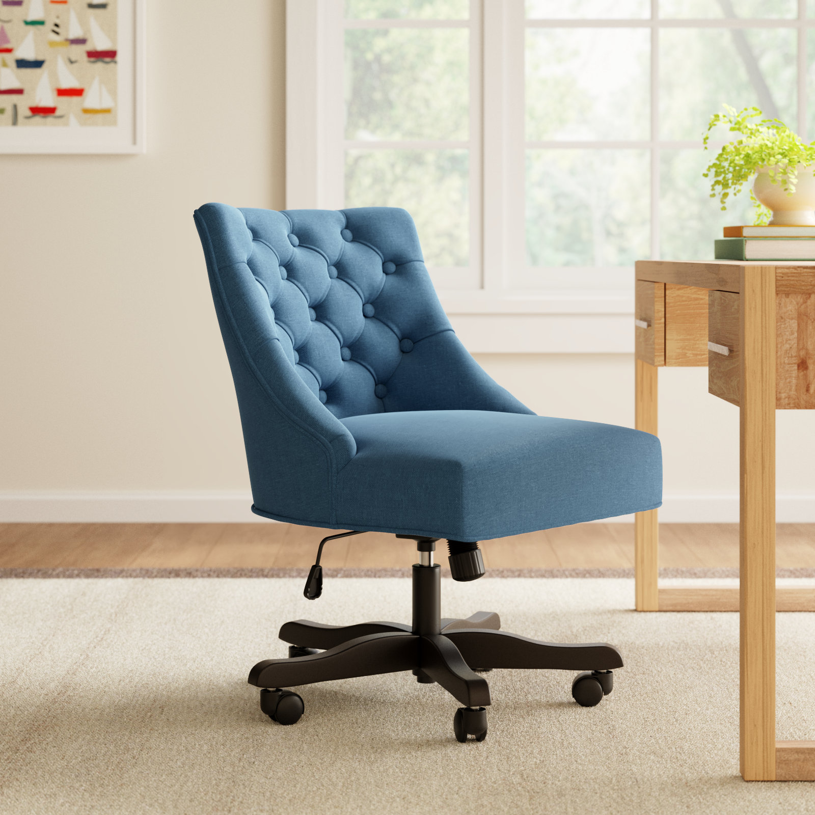 Swivel Office Chair, Navy Linen