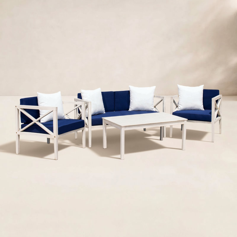 Ensemble de conversation 4 pièces Mondovi, Cadre gris délavé / coussin bleu marine, Blanc