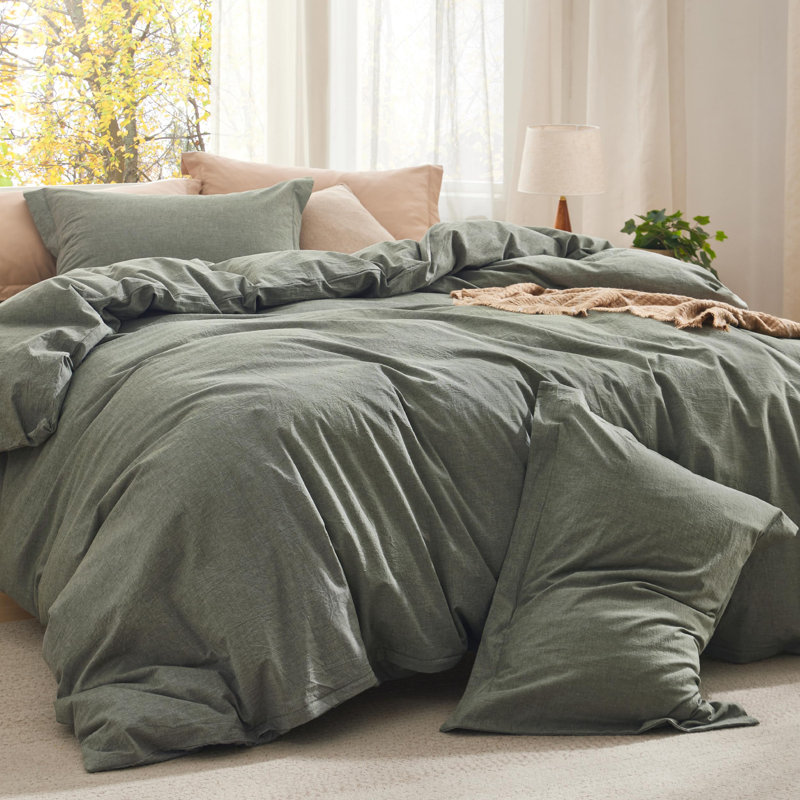Ensemble d'édredon pré-lavé avec housse 100% coton, 143TC, Édredon très grand + 2 pièces supplémentaires, Bronze / vert