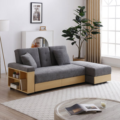 Canapé-lit convertible avec repose-pieds, table rabattable et tiroirs intégrés pour une utilisation polyvalente dans les salons et les appartements