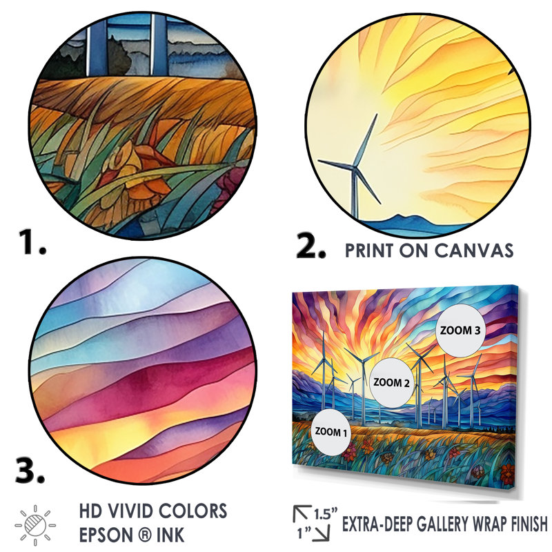 Éoliennes au lever du soleil, H 34 po x l 44 po x P 1,5 po, Cadre simple noir