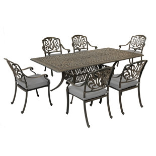 7-Piece Cast Aluminum Rectangle Dining Set With 6 Cushioned Arm Dining Chairs