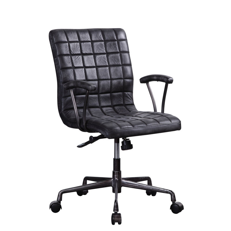 Chaise de bureau rétro en cuir noir et aluminium, siège pivotant à 360 degrés, relevage réglable, accoudoir à dossier rembourré avec support en métal, base à 5 branches, charge de 220 lb, profondeur de siège de 17 po, hauteur de 19 po à 19 po, hauteur de 24 po à 25 po