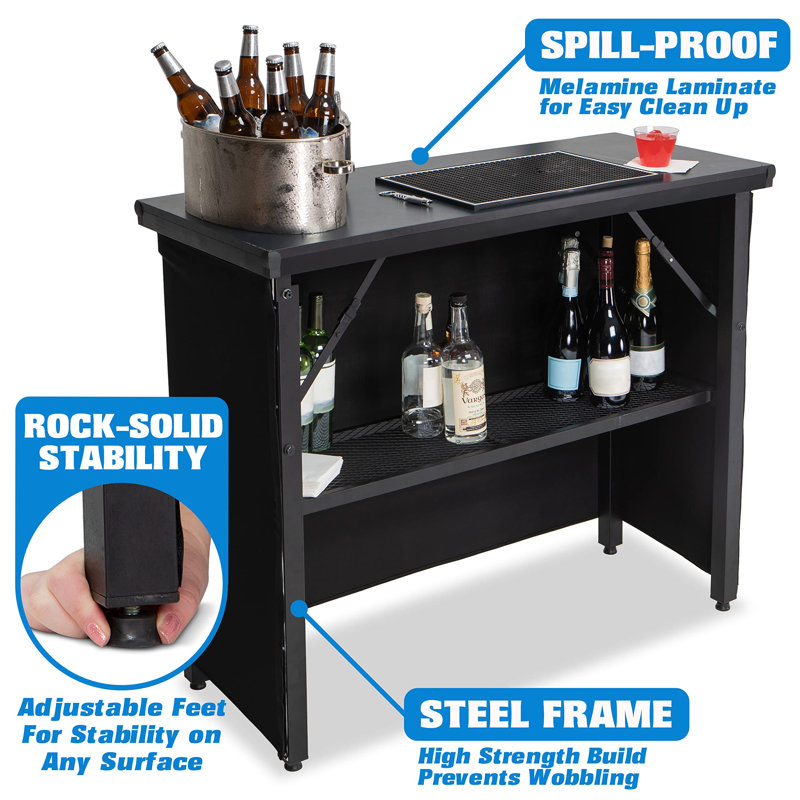Commercial Grade Portable Bar Table - Mobile Bartender Station For Events - Includes Black Skirt And Carry Case - Standard Or LED, 45 X 18 X 38