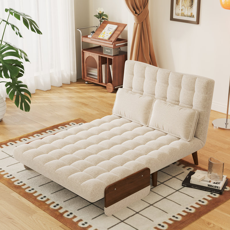 Kikumi 3-in-1 Beige Cotton Linen Upholstered Sofa Chair Reclining Sleeper with Adjustable Backrest, Walnut Wood