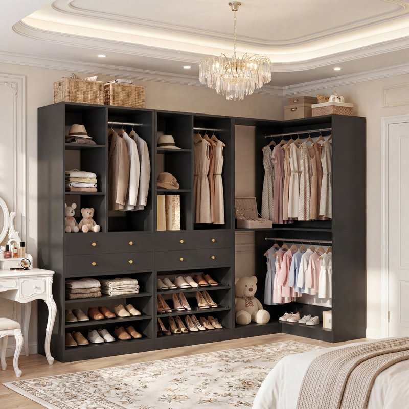 Navada Closet System with Wooden Drawers and Shoe Racks, Black