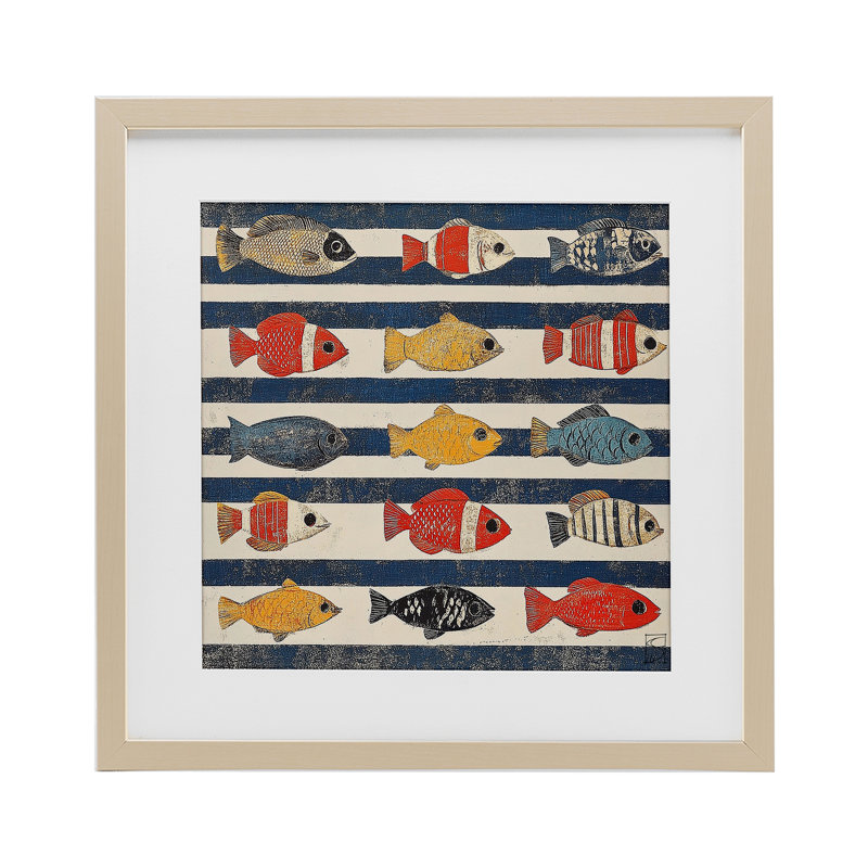 «Nautical Fish Assortment», reproduction encadrée sous verre, design par Sara Culpepper, Cadre de récolte en pin
