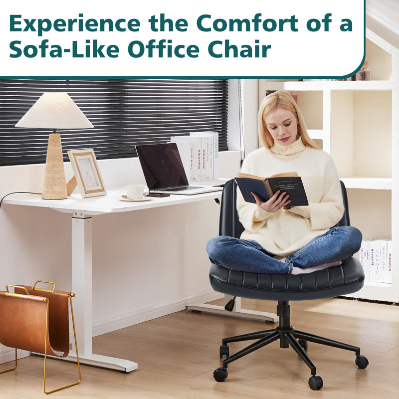 Avicia 26" Wide Seat Criss Cross Legged Office Chair, Armless Office Desk Chair With Wheels, Black Leather