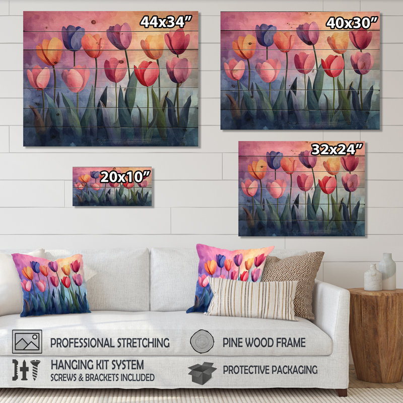 Blue Velvet Sky Pink Tulips Field - Tulips Wood Wall Art - On Natural Pine Wood, 24" H x 32" W x 0.78" D