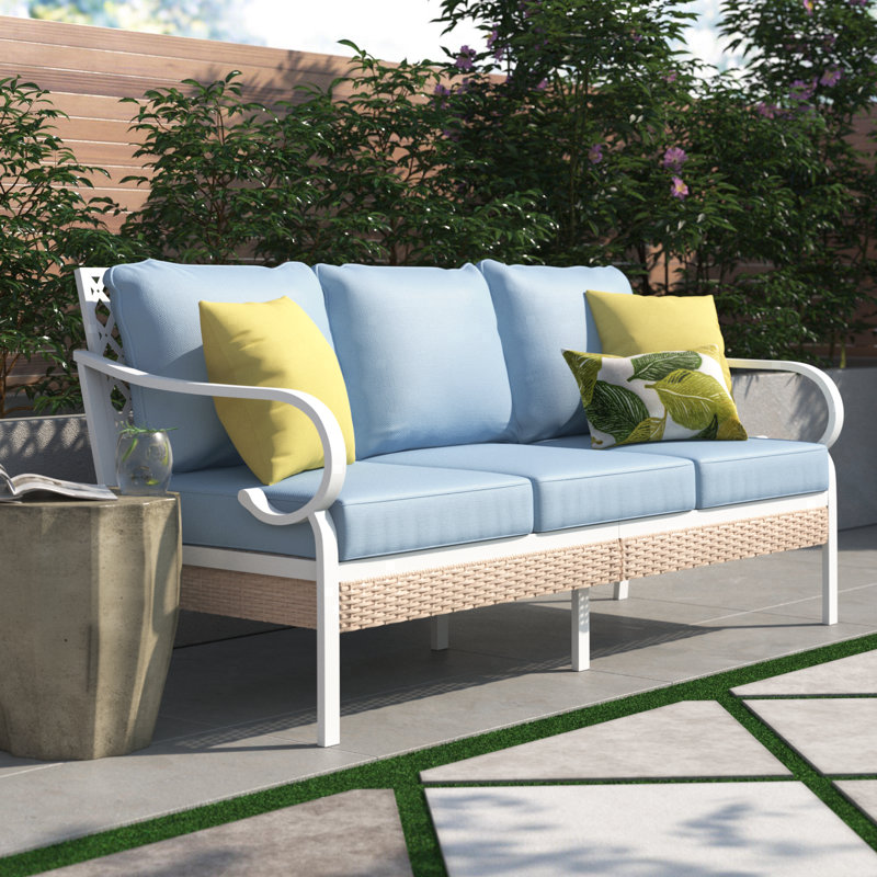 74.8'' Wide Outdoor Patio Sofa With Cushions & Wicker Decor, Blue Cushion/ White Frame