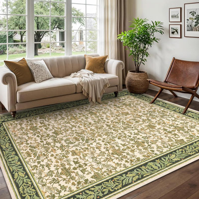 Tapis floral 5 x 7 tapis lavable pour le salon, tapis rétro antidérapant pour chambre à coucher à poils courts, tapis de maison de campagne mince et résistant aux taches pour la salle à manger, vert clair