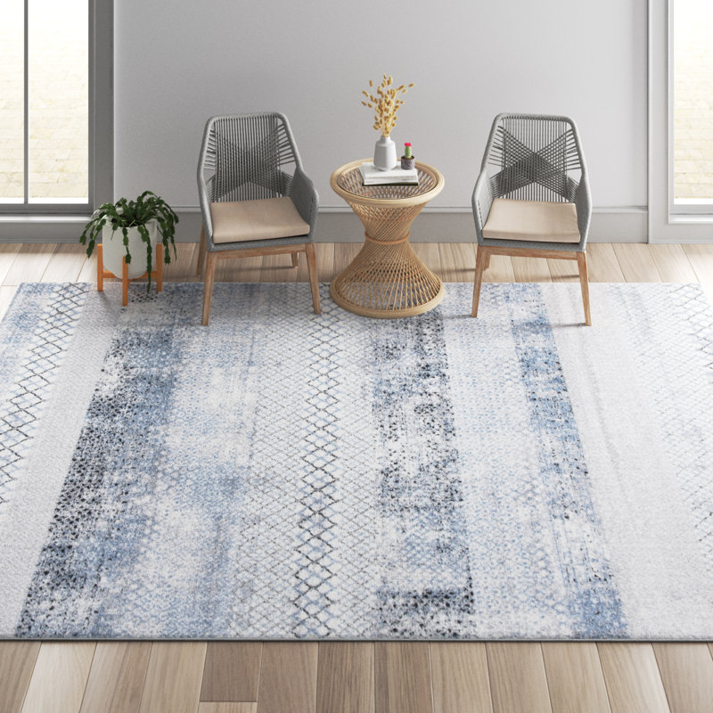 Grey and Light Blue Hand-Knotted Rectangular Synthetic Rug