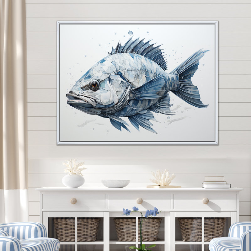 " Fish In The Deep Blue I ", White Floater Framed, 30" H x 40" W x 1.5" D