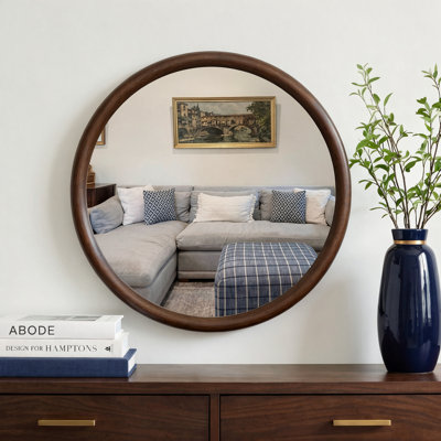 24'' Leyburn Modern Round Solid Wood Dark Walnut Framed Wall Mounted Mirror For Bathroom&Bedroom