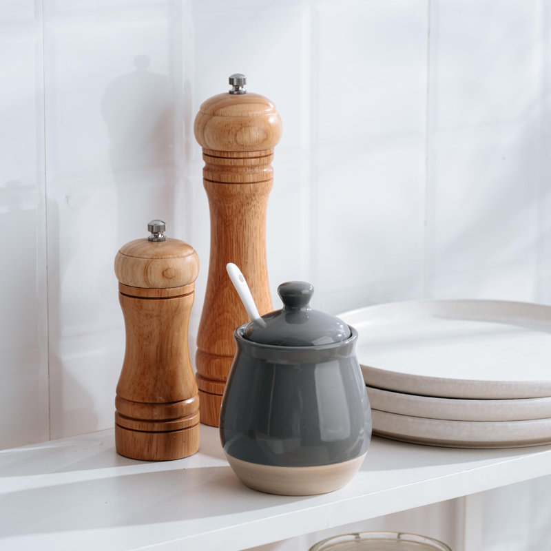 Sucrier avec couvercle et cuillère, pot à sucre en céramique 10 oz / pot / distributeur de sel, condiments, épices, assaisonnements, contenant à sucre, gris foncé