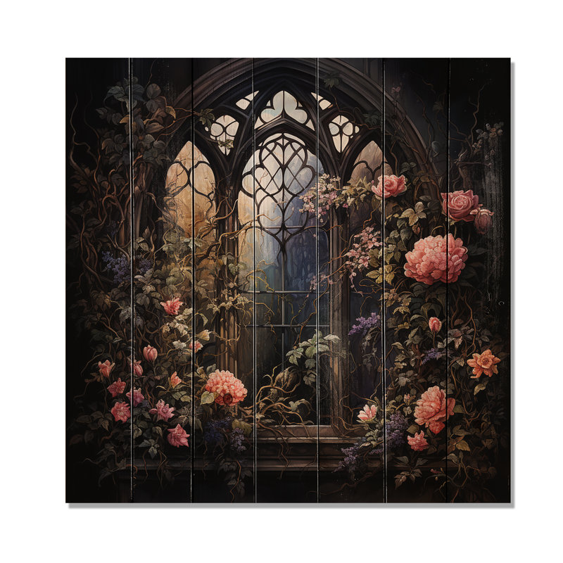 «Floral Gothic Church Church View II» - fenêtre florale sur bois, H 25 po x l 25 po