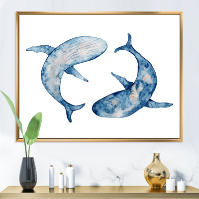 «Blue Whales Watercolor Illustration on White», reproduction sur toile