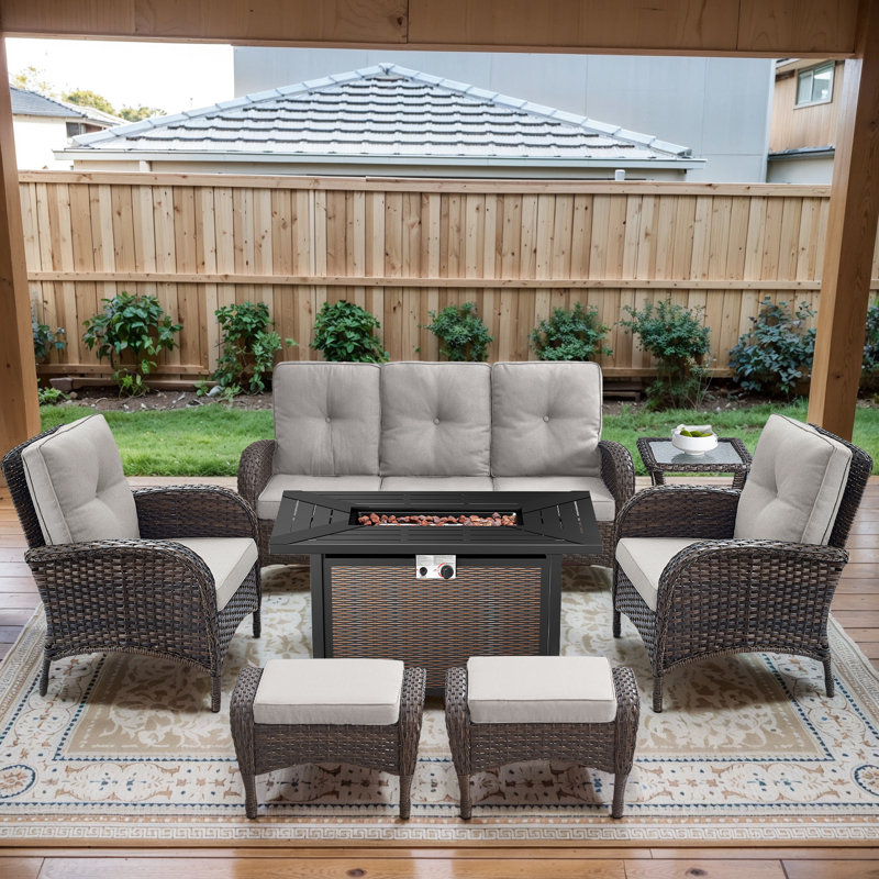 Aluel 7-Pieces Outdoor Wicker Patio Conversation Furniture Set with Rectangular Fire Pit Table, Beige