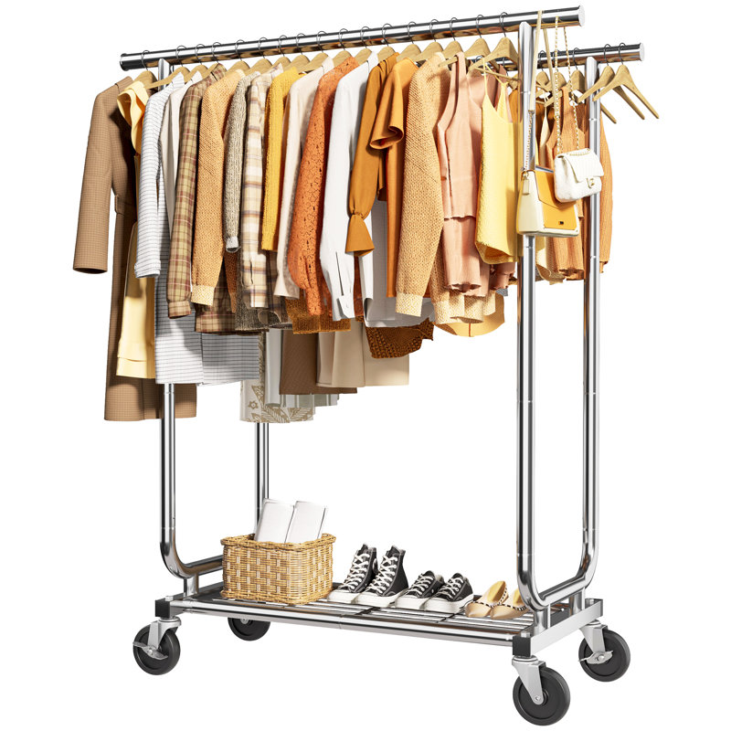 Stainless Steel Rolling Clothes Rack with Mesh Shelf, Lockable Wheels & Anti-Slip Stoppers, Freestanding Clothing Organizer for Bedroom, Laundry Room, 43.5" x 16.5" x 65.9", Silver