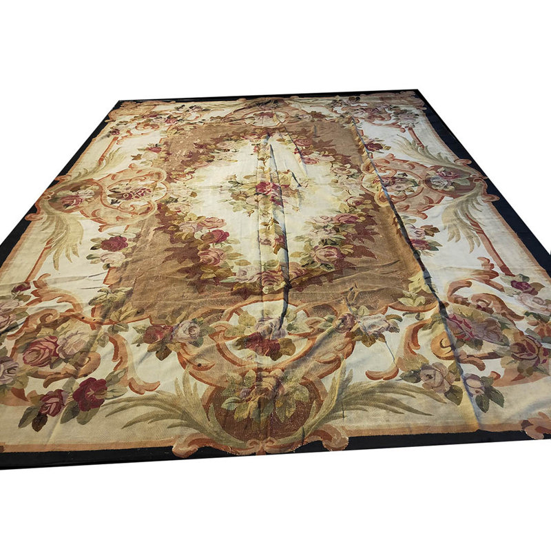 Antique Aubusson French Floral, Medallion Flat Weave Rug
