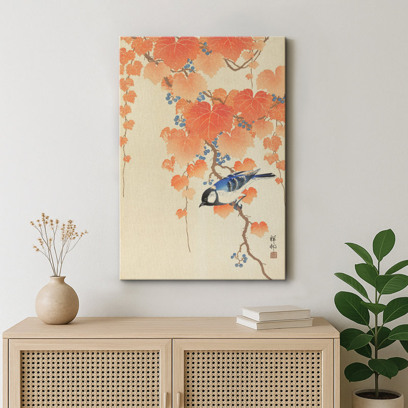 Oiseau bleu avec feuilles d'automne, images d'oiseaux japonais rétro, impression sur toile encadrée, Toile tendue