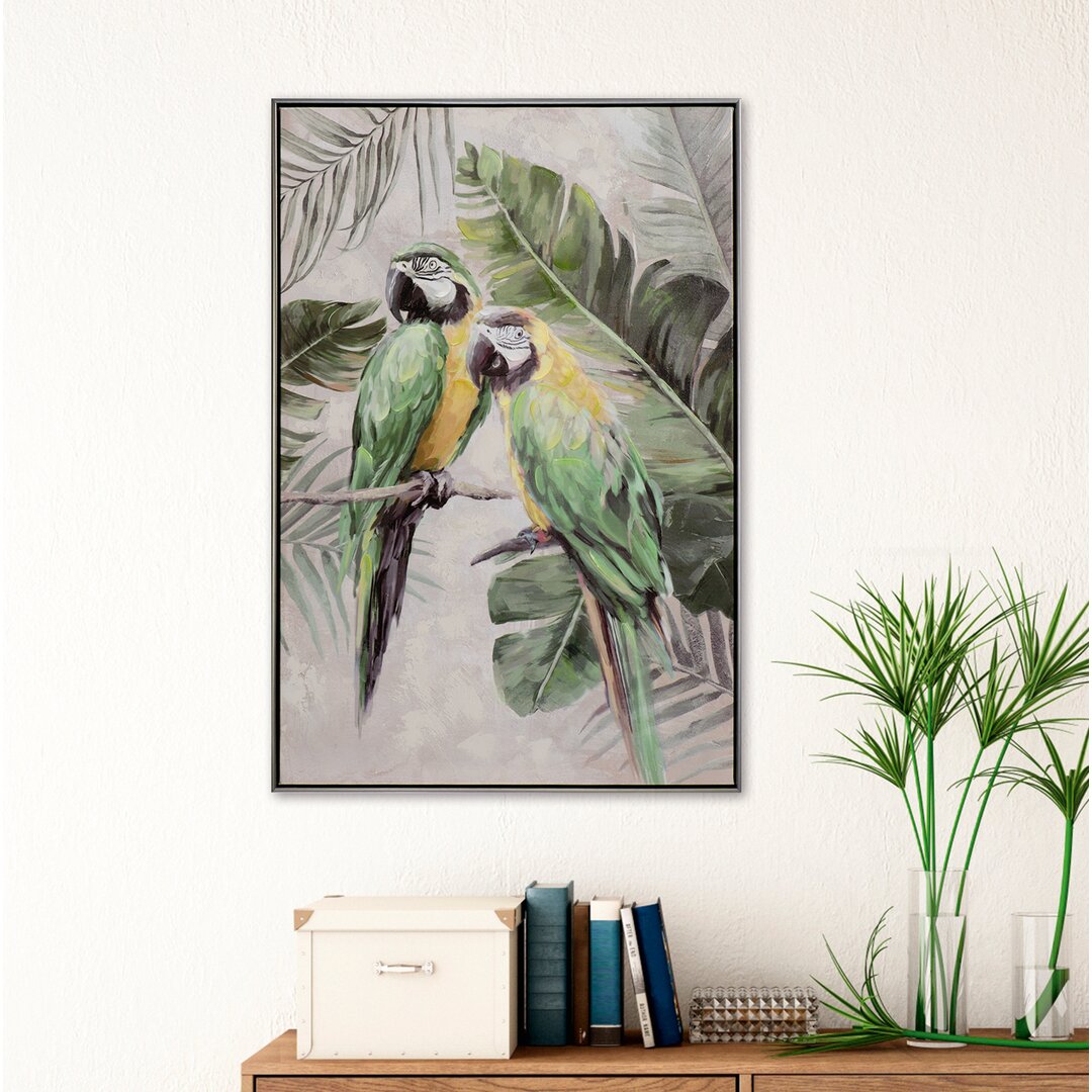 Green-Yellow Parrots - Floater-Frame-Gemälde auf Leinwand