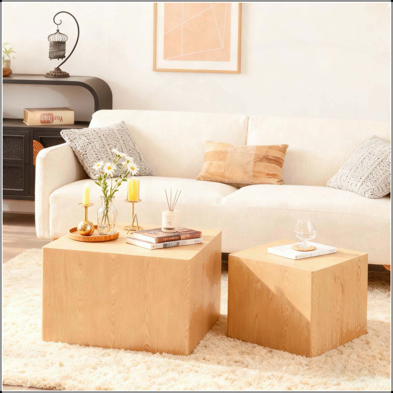 Ensemble de 2 tables basses en MDF imitant le grain du bois, ensemble de tables d'appoint cubiques pour petit salon et chambre à coucher - ensemble de 2
