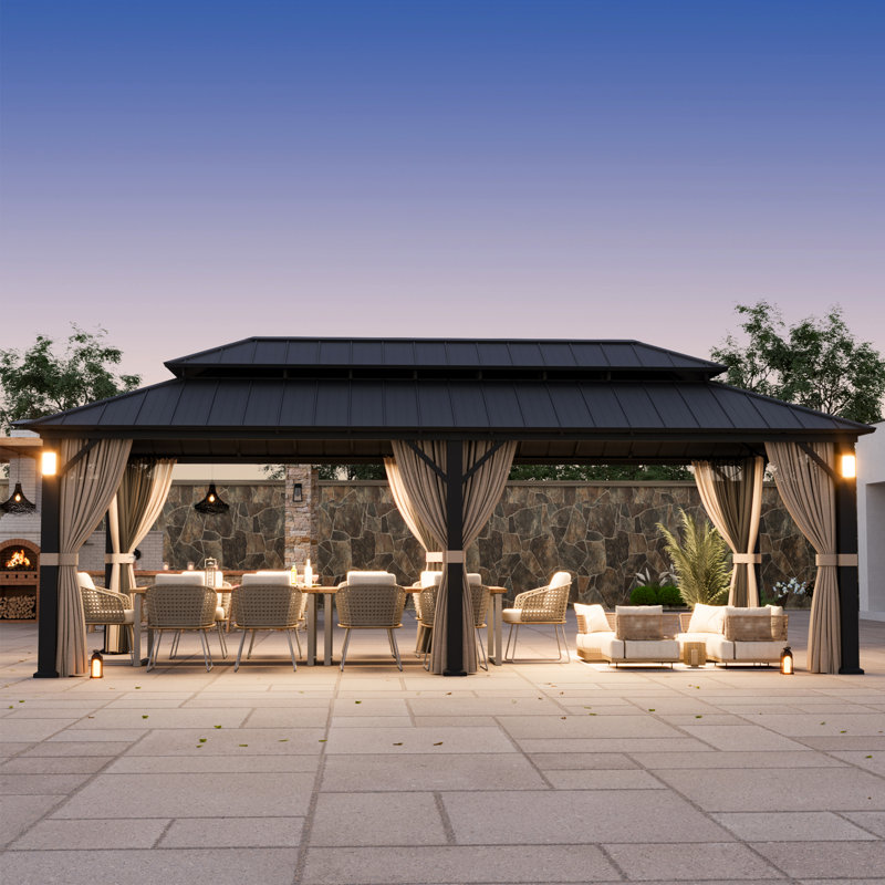 Hamilton 12 FT. x 24 FT. Hard Top Gazebo With Solar Self Powered LED Lights, Mosquito Netting And Canopy Hook, Matte Black