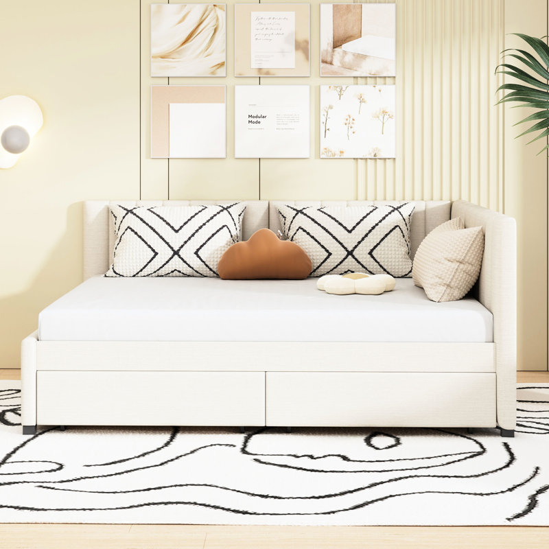 Lit de jour en lin beige avec 2 grands compartiments de rangement, base en bois, sans sommier tapissier beige, tiroirs, fabrication, pour la décoration intérieure