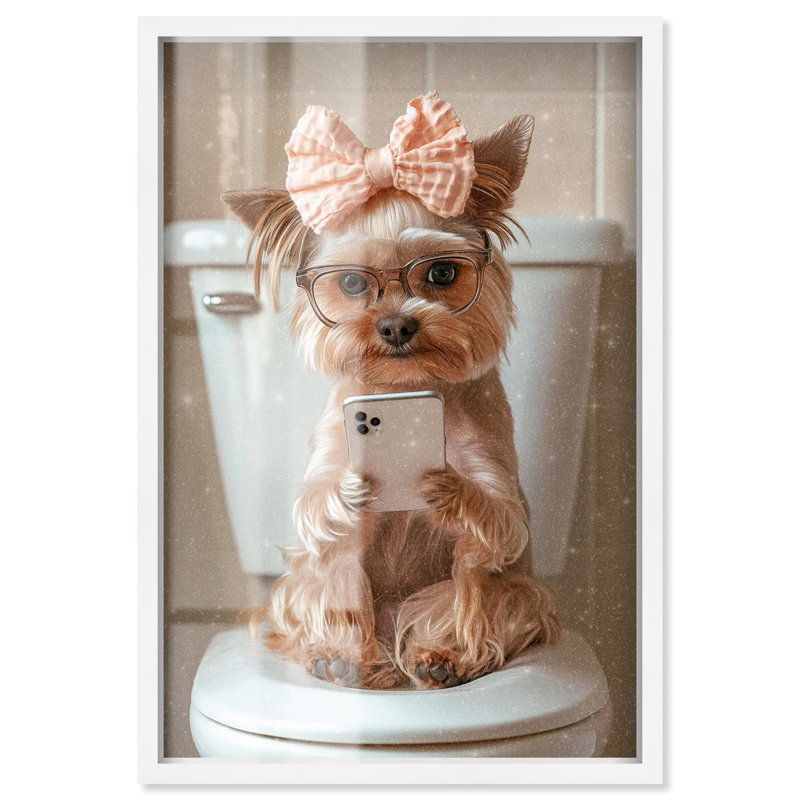 Mignon Yorkie sur la toilette, boîte aux ombres, impression glamour, Art par Art Remedy, H 25 po x l 17 po, Blanc