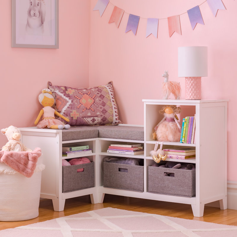 Creamy White Wooden Kids' Corner Reading Nook with Storage Cubes
