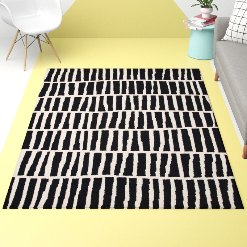Tapis noir / ivoire / crème en laine fabriqué à la main à motif géométrique Odalis, Rectangle 5 pi x 8 pi