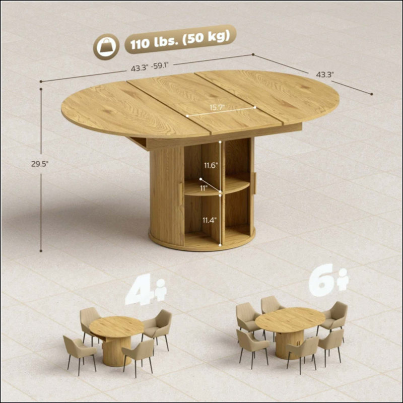 Table de rangement avec rangement, table de salle à manger extensible, Bois naturel
