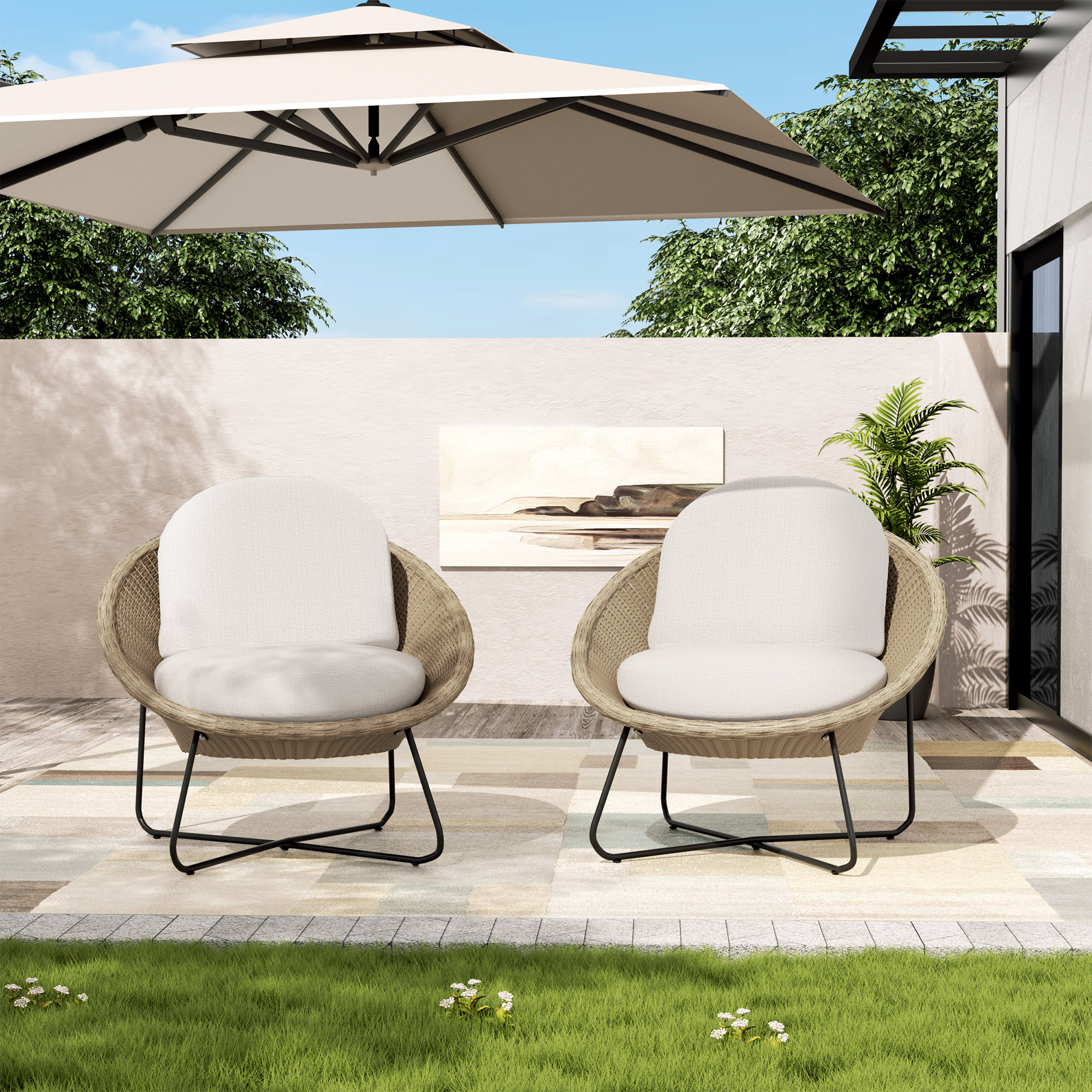 Kayla Metal & Wicker Patio Lounge Chairs with Cushions (set of 2), Beige