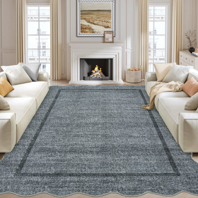 Scalloped Machine Washable Rug Non-Slip Bordered Floor Mats Non-Shedding Soft Low Pile Modern Accent Rugs for Living Room Bedroom Office