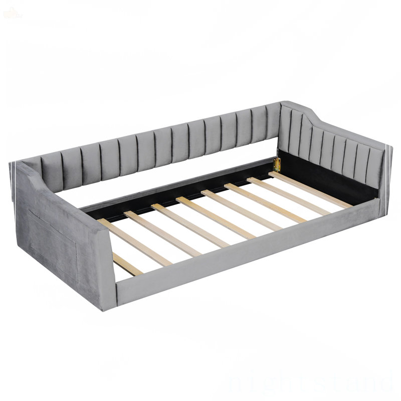 Lit de repos simple simple TG et poche de rangement latérale, Gris, Lit simple