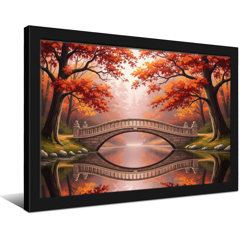 Plantes et fleurs, arbres d'automne, pont, reflet, eau, paysage, scène naturelle, H 12 po x l 18 po, Toile tendue