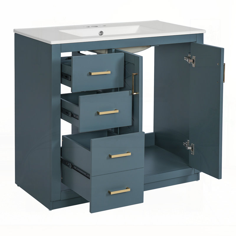 Meuble-lavabo 36 po avec lavabo en céramique, Bleu, Doré