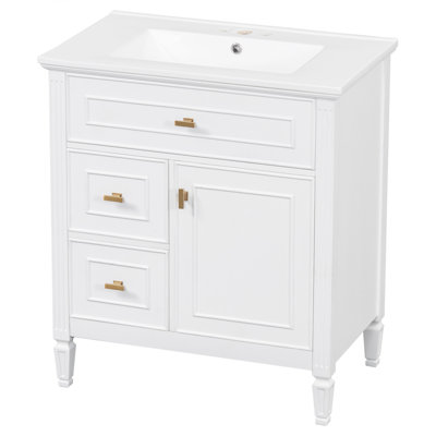 Meuble-lavabo 30 po avec lavabo, meuble-lavabo avec un tiroir rabattable et deux tiroirs, tablette réglable, bois massif et panneau de fibres à densité moyenne, blanc