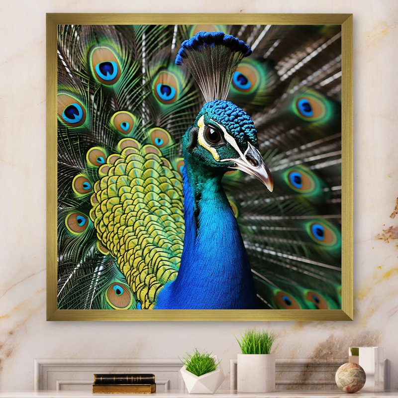 Bleu majestueux paon Splendor I - paon, art mural animal, H 36 po x l 36 po x P 1,5 po, Cadre doré simple