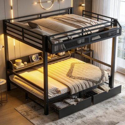 Lit superposé en métal, lits superposés en métal avec tiroirs de rangement, lumières DEL et ports USB, lit mezzanine robuste avec garde-corps et échelle, aucun sommier nécessaire