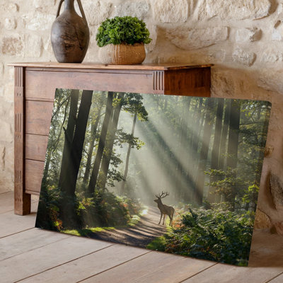 Canvas A Serene Forest Scene Featuring A Majestic Deer Standing On Wall Art A Winding Dirt Path Surrounded By Tall Trees With Lush Canvas Wall Art